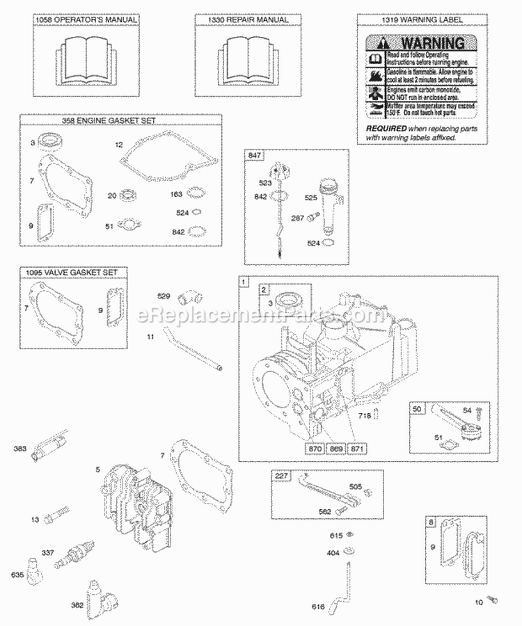 Cylinder Cylinder Head Gasket Set - Engine Gasket Set - Valve Lubrication OperatorS Manual Warning Label Diagram and Parts List for 10S902-0554-B1  Briggs and Stratton Engine